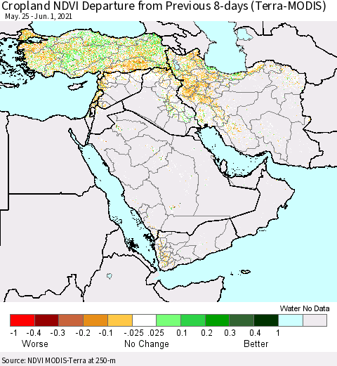Middle East and Turkey Cropland NDVI Departure from Previous 8-days (Terra-MODIS) Thematic Map For 5/25/2021 - 6/1/2021