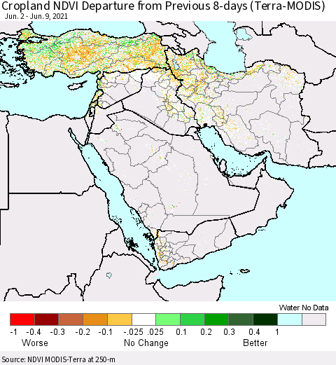 Middle East and Turkey Cropland NDVI Departure from Previous 8-days (Terra-MODIS) Thematic Map For 6/2/2021 - 6/9/2021