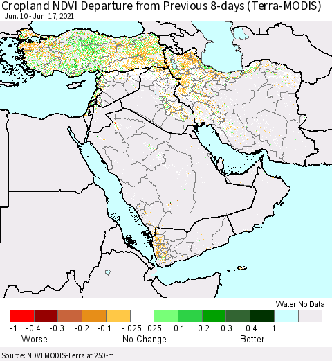 Middle East and Turkey Cropland NDVI Departure from Previous 8-days (Terra-MODIS) Thematic Map For 6/10/2021 - 6/17/2021