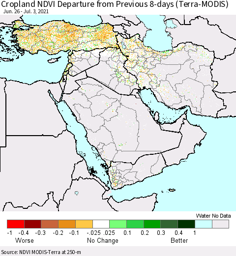 Middle East and Turkey Cropland NDVI Departure from Previous 8-days (Terra-MODIS) Thematic Map For 6/26/2021 - 7/3/2021