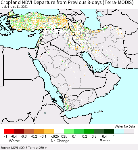 Middle East and Turkey Cropland NDVI Departure from Previous 8-days (Terra-MODIS) Thematic Map For 7/4/2021 - 7/11/2021