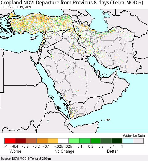 Middle East and Turkey Cropland NDVI Departure from Previous 8-days (Terra-MODIS) Thematic Map For 7/12/2021 - 7/19/2021