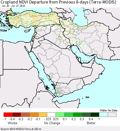 Middle East and Turkey Cropland NDVI Departure from Previous 8-days (Terra-MODIS) Thematic Map For 7/20/2021 - 7/27/2021
