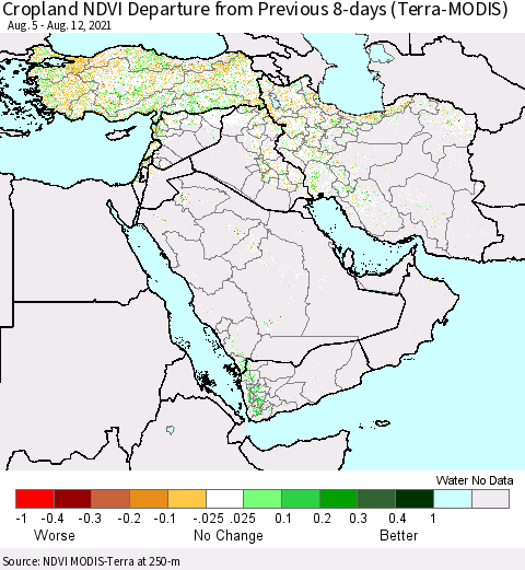 Middle East and Turkey Cropland NDVI Departure from Previous 8-days (Terra-MODIS) Thematic Map For 8/5/2021 - 8/12/2021