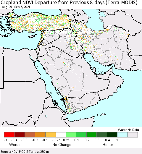 Middle East and Turkey Cropland NDVI Departure from Previous 8-days (Terra-MODIS) Thematic Map For 8/29/2021 - 9/5/2021