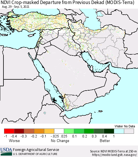 Middle East and Turkey Cropland NDVI Departure from Previous Dekad (Terra-MODIS) Thematic Map For 9/1/2021 - 9/10/2021