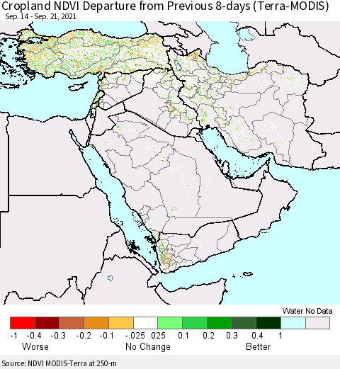 Middle East and Turkey Cropland NDVI Departure from Previous 8-days (Terra-MODIS) Thematic Map For 9/14/2021 - 9/21/2021