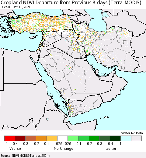 Middle East and Turkey Cropland NDVI Departure from Previous 8-days (Terra-MODIS) Thematic Map For 10/8/2021 - 10/15/2021