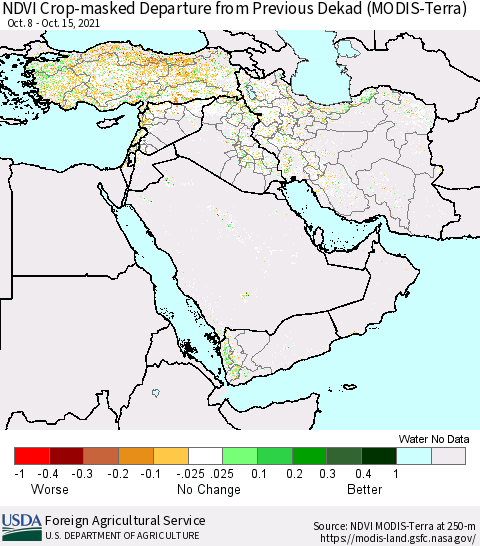 Middle East and Turkey Cropland NDVI Departure from Previous Dekad (Terra-MODIS) Thematic Map For 10/11/2021 - 10/20/2021