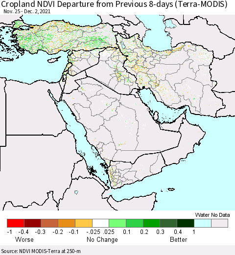 Middle East and Turkey Cropland NDVI Departure from Previous 8-days (Terra-MODIS) Thematic Map For 11/25/2021 - 12/2/2021