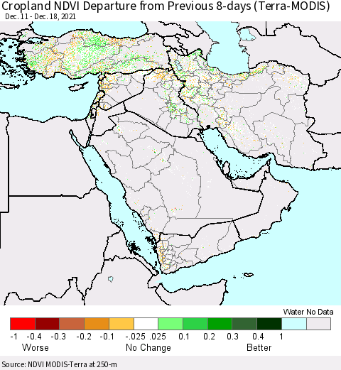 Middle East and Turkey Cropland NDVI Departure from Previous 8-days (Terra-MODIS) Thematic Map For 12/11/2021 - 12/18/2021