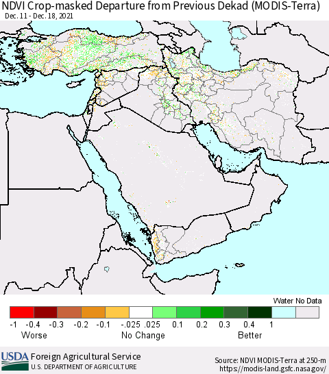Middle East and Turkey Cropland NDVI Departure from Previous Dekad (Terra-MODIS) Thematic Map For 12/11/2021 - 12/20/2021