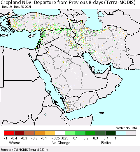 Middle East and Turkey Cropland NDVI Departure from Previous 8-days (Terra-MODIS) Thematic Map For 12/19/2021 - 12/26/2021