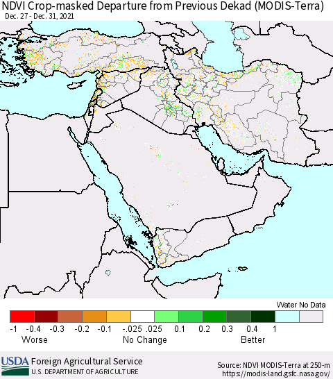 Middle East and Turkey Cropland NDVI Departure from Previous Dekad (Terra-MODIS) Thematic Map For 12/21/2021 - 12/31/2021