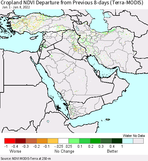 Middle East and Turkey Cropland NDVI Departure from Previous 8-days (Terra-MODIS) Thematic Map For 1/1/2022 - 1/8/2022