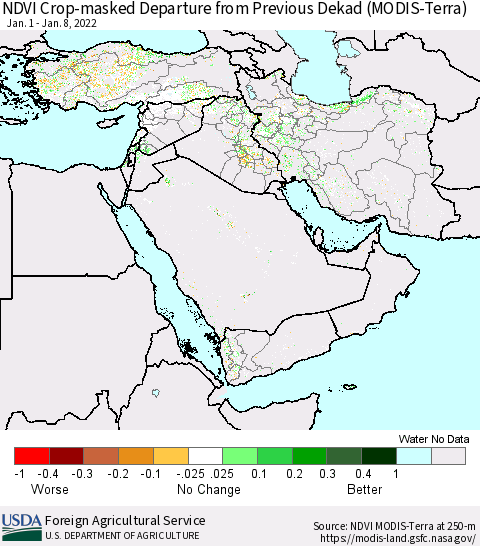 Middle East and Turkey Cropland NDVI Departure from Previous Dekad (Terra-MODIS) Thematic Map For 1/1/2022 - 1/10/2022