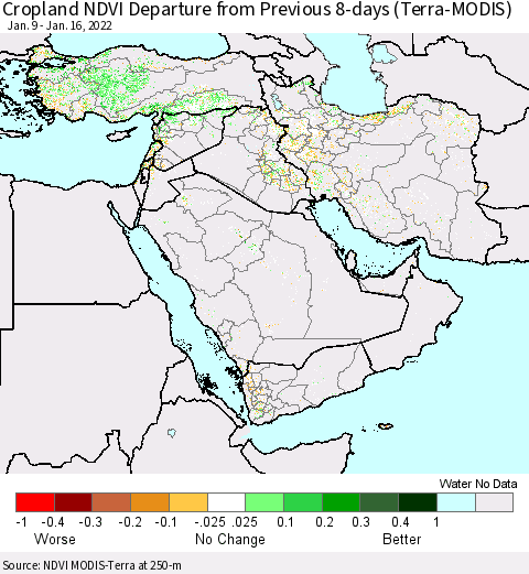 Middle East and Turkey Cropland NDVI Departure from Previous 8-days (Terra-MODIS) Thematic Map For 1/9/2022 - 1/16/2022