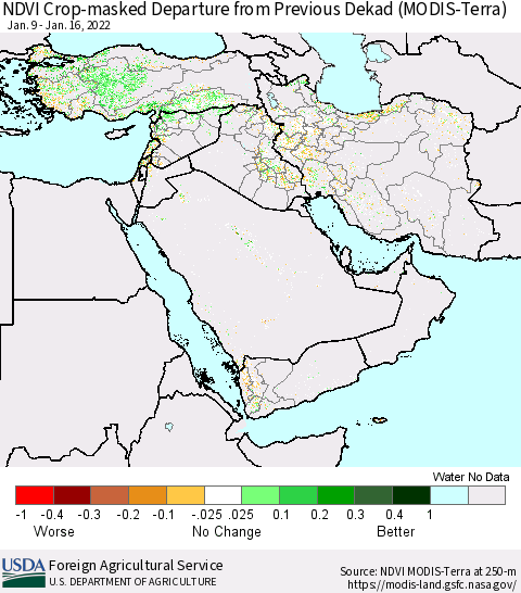 Middle East and Turkey Cropland NDVI Departure from Previous Dekad (Terra-MODIS) Thematic Map For 1/11/2022 - 1/20/2022