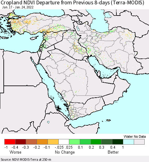 Middle East and Turkey Cropland NDVI Departure from Previous 8-days (Terra-MODIS) Thematic Map For 1/17/2022 - 1/24/2022