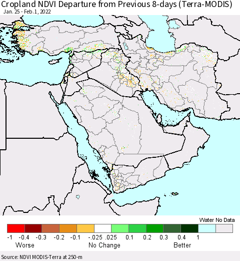 Middle East and Turkey Cropland NDVI Departure from Previous 8-days (Terra-MODIS) Thematic Map For 1/25/2022 - 2/1/2022