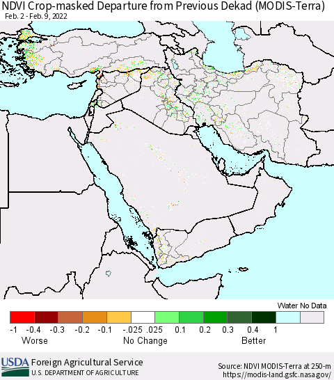 Middle East and Turkey Cropland NDVI Departure from Previous Dekad (Terra-MODIS) Thematic Map For 2/1/2022 - 2/10/2022