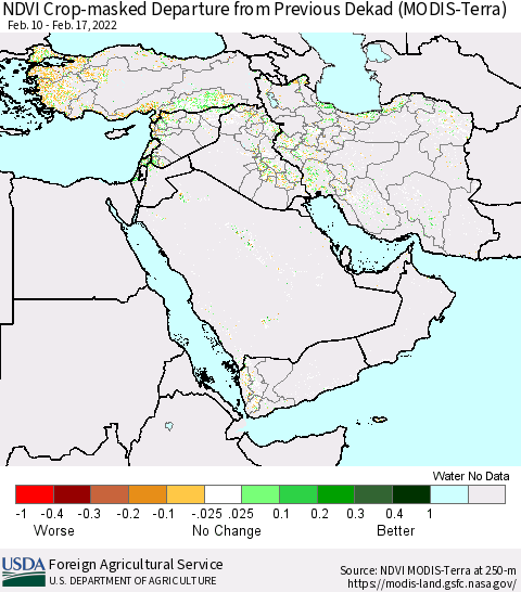 Middle East and Turkey Cropland NDVI Departure from Previous Dekad (Terra-MODIS) Thematic Map For 2/11/2022 - 2/20/2022