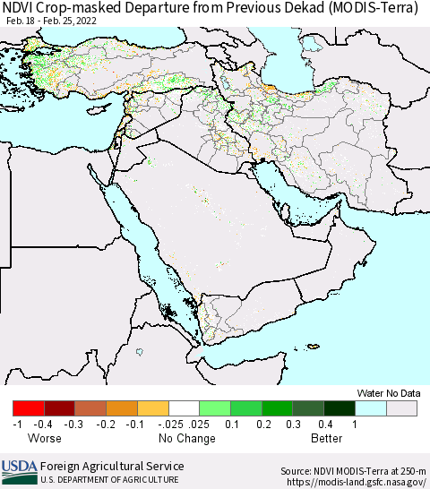 Middle East and Turkey Cropland NDVI Departure from Previous Dekad (Terra-MODIS) Thematic Map For 2/21/2022 - 2/28/2022