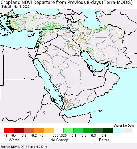 Middle East and Turkey Cropland NDVI Departure from Previous 8-days (Terra-MODIS) Thematic Map For 2/26/2022 - 3/5/2022