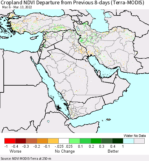 Middle East and Turkey Cropland NDVI Departure from Previous 8-days (Terra-MODIS) Thematic Map For 3/6/2022 - 3/13/2022