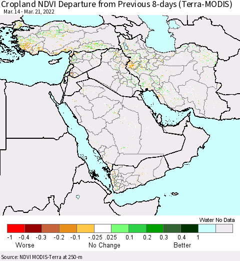 Middle East and Turkey Cropland NDVI Departure from Previous 8-days (Terra-MODIS) Thematic Map For 3/14/2022 - 3/21/2022