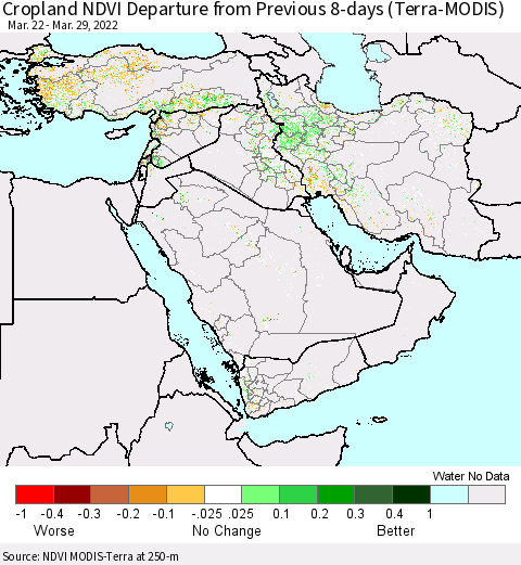 Middle East and Turkey Cropland NDVI Departure from Previous 8-days (Terra-MODIS) Thematic Map For 3/22/2022 - 3/29/2022