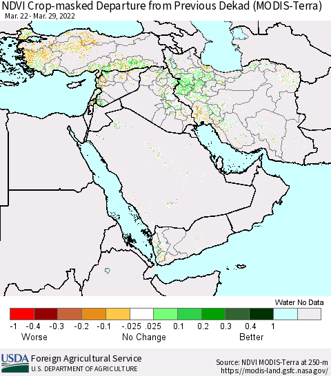 Middle East and Turkey Cropland NDVI Departure from Previous Dekad (Terra-MODIS) Thematic Map For 3/21/2022 - 3/31/2022