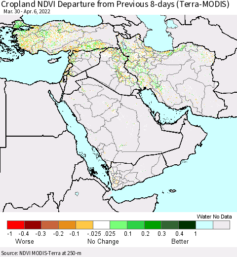 Middle East and Turkey Cropland NDVI Departure from Previous 8-days (Terra-MODIS) Thematic Map For 3/30/2022 - 4/6/2022