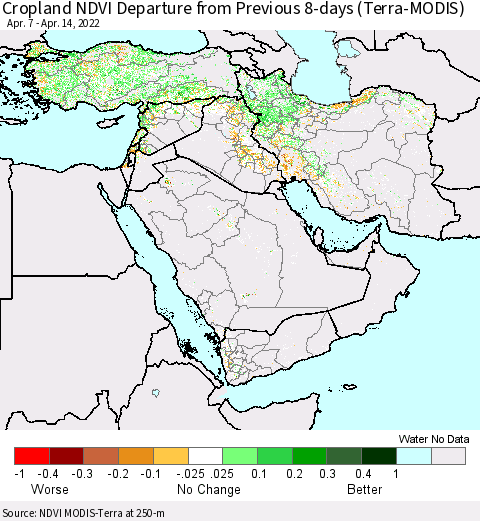 Middle East and Turkey Cropland NDVI Departure from Previous 8-days (Terra-MODIS) Thematic Map For 4/7/2022 - 4/14/2022