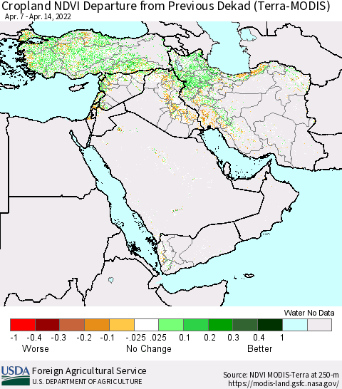 Middle East and Turkey Cropland NDVI Departure from Previous Dekad (Terra-MODIS) Thematic Map For 4/11/2022 - 4/20/2022