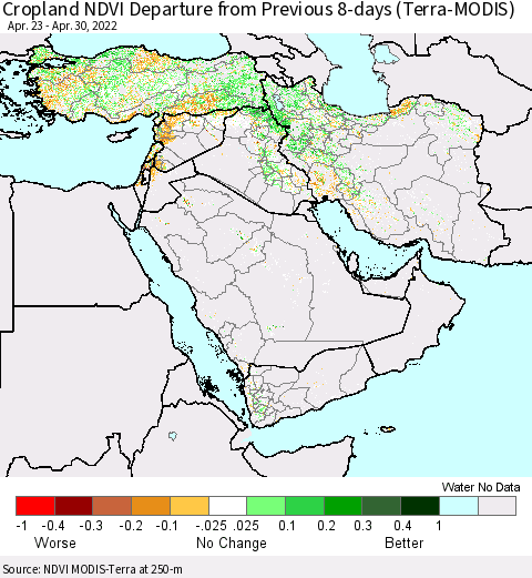 Middle East and Turkey Cropland NDVI Departure from Previous Dekad (Terra-MODIS) Thematic Map For 4/21/2022 - 4/30/2022