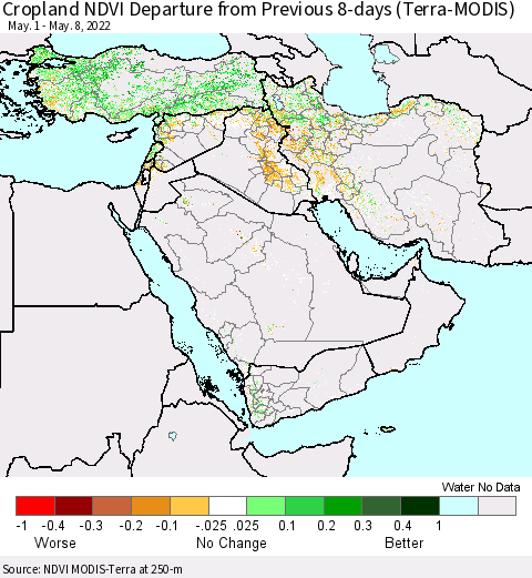 Middle East and Turkey Cropland NDVI Departure from Previous 8-days (Terra-MODIS) Thematic Map For 5/1/2022 - 5/8/2022