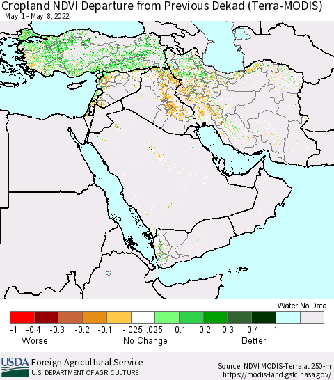Middle East and Turkey Cropland NDVI Departure from Previous Dekad (Terra-MODIS) Thematic Map For 5/1/2022 - 5/10/2022