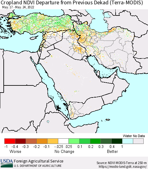 Middle East and Turkey Cropland NDVI Departure from Previous Dekad (Terra-MODIS) Thematic Map For 5/21/2022 - 5/31/2022