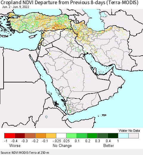 Middle East and Turkey Cropland NDVI Departure from Previous 8-days (Terra-MODIS) Thematic Map For 6/2/2022 - 6/9/2022