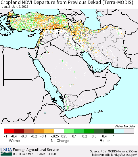 Middle East and Turkey Cropland NDVI Departure from Previous Dekad (Terra-MODIS) Thematic Map For 6/1/2022 - 6/10/2022