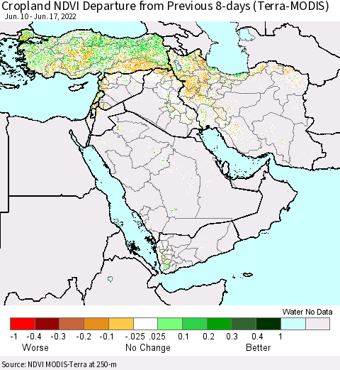 Middle East and Turkey Cropland NDVI Departure from Previous 8-days (Terra-MODIS) Thematic Map For 6/10/2022 - 6/17/2022