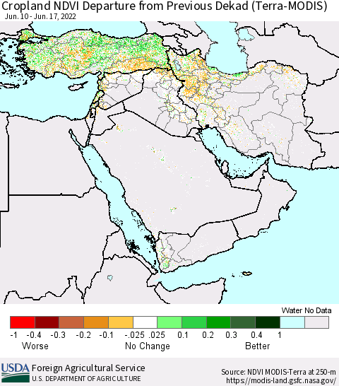 Middle East and Turkey Cropland NDVI Departure from Previous Dekad (Terra-MODIS) Thematic Map For 6/11/2022 - 6/20/2022
