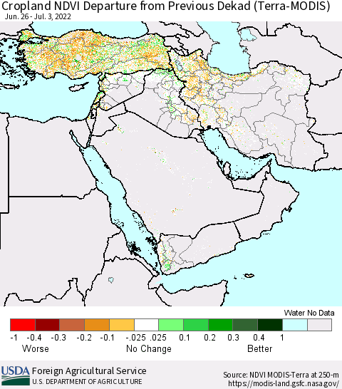 Middle East and Turkey Cropland NDVI Departure from Previous Dekad (Terra-MODIS) Thematic Map For 7/1/2022 - 7/10/2022
