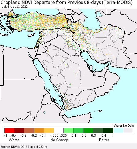 Middle East and Turkey Cropland NDVI Departure from Previous 8-days (Terra-MODIS) Thematic Map For 7/4/2022 - 7/11/2022