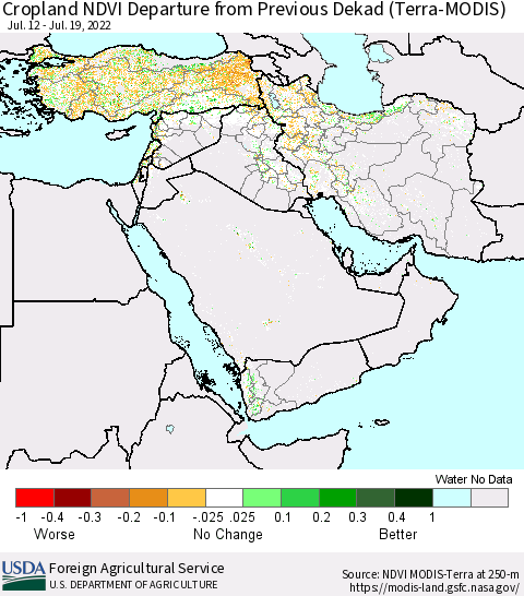 Middle East and Turkey Cropland NDVI Departure from Previous Dekad (Terra-MODIS) Thematic Map For 7/11/2022 - 7/20/2022
