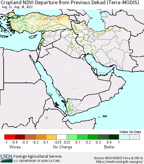 Middle East and Turkey Cropland NDVI Departure from Previous Dekad (Terra-MODIS) Thematic Map For 8/21/2022 - 8/31/2022