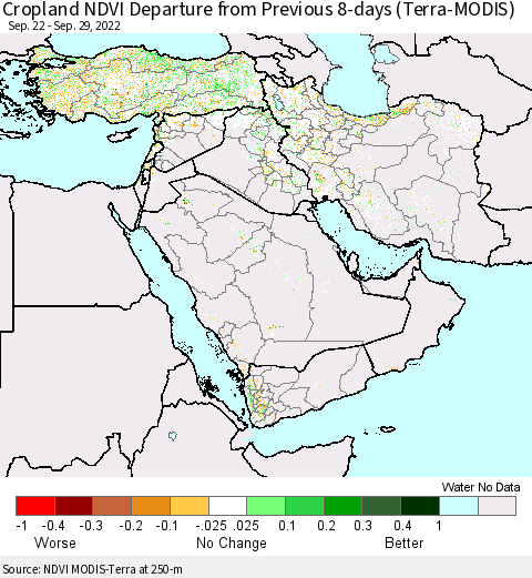 Middle East and Turkey Cropland NDVI Departure from Previous 8-days (Terra-MODIS) Thematic Map For 9/22/2022 - 9/29/2022