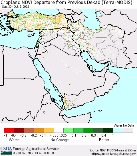 Middle East and Turkey Cropland NDVI Departure from Previous Dekad (Terra-MODIS) Thematic Map For 10/1/2022 - 10/10/2022