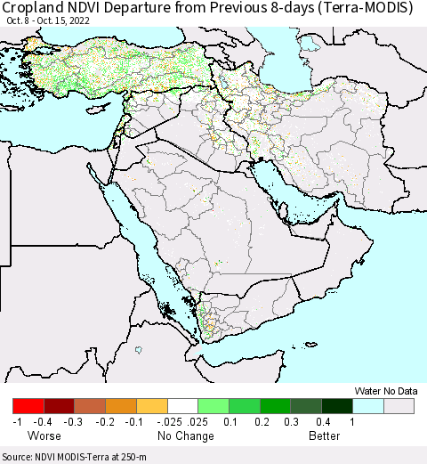 Middle East and Turkey Cropland NDVI Departure from Previous 8-days (Terra-MODIS) Thematic Map For 10/8/2022 - 10/15/2022